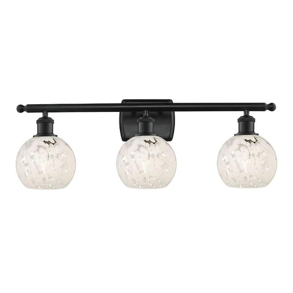 White Mouchette 26 in. 3-Light Matte Black Vanity Light with Glass Shade