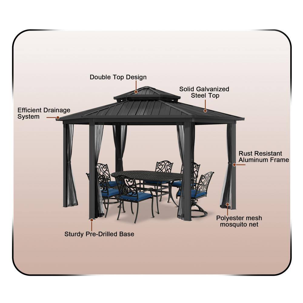 15x15 Ft Black Aluminum and Steel Hexagon Patio Gazebo