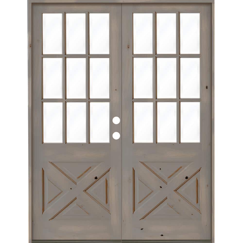 72 in. x 96 in. Knotty Alder 2-Panel Left-Hand/Inswing 1/2 Lite Clear Glass Grey Stain Double Wood Prehung Front Door price history on PriceWatchPro