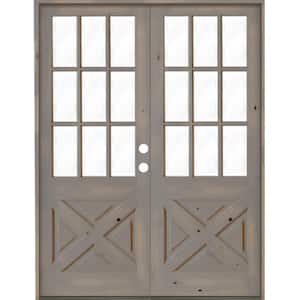 72 in. x 96 in. Knotty Alder 2-Panel Left-Hand/Inswing 1/2 Lite Clear Glass Grey Stain Double Wood Prehung Front Door