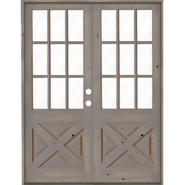 Krosswood Doors 72 in. x 96 in. Knotty Alder 2-Panel Left-Hand/Inswing 1/2 Lite Clear Glass Grey Stain Double Wood Prehung Front Door