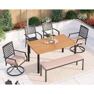 6-Piece Rectangular Outdoor Dining Set with Brown Slat Table and Bench with Beige Cushion
