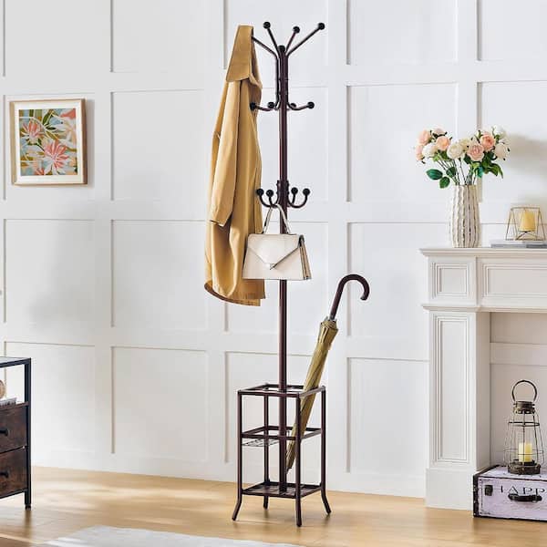 Freestanding Brown Metal Coat Rack with Umbrella Stand 12-Hooks Entryway Organizer Sturdy for Home Office