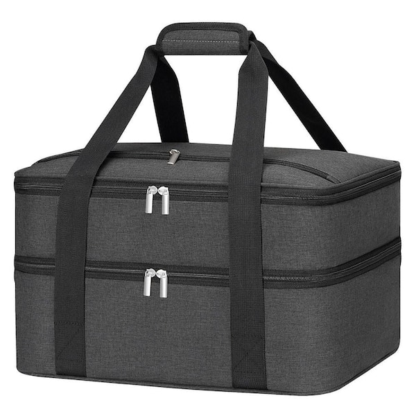 Double Decker Gray Insulated Casserole Carrier Set for Hot and Cold Food, Leak-Proof, Easy Clean, Potluck