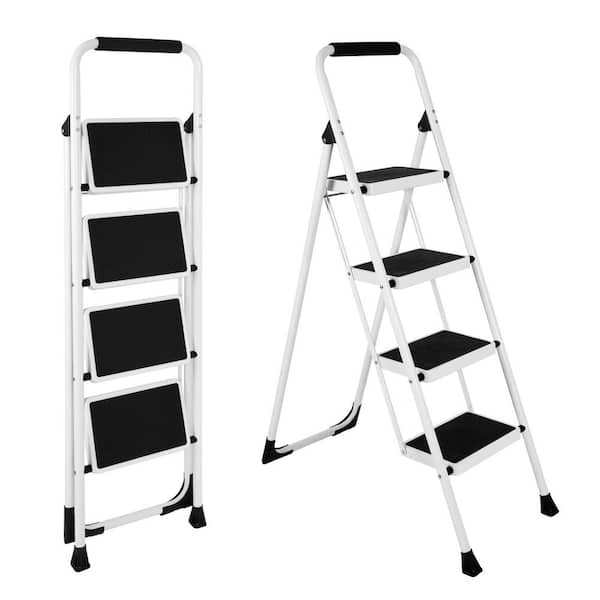 4 ft. Reach 4-Step Metal Ladder Foldable Non-slip Ladder Loading 550 lbs. for Home, Kitchen, Office, White