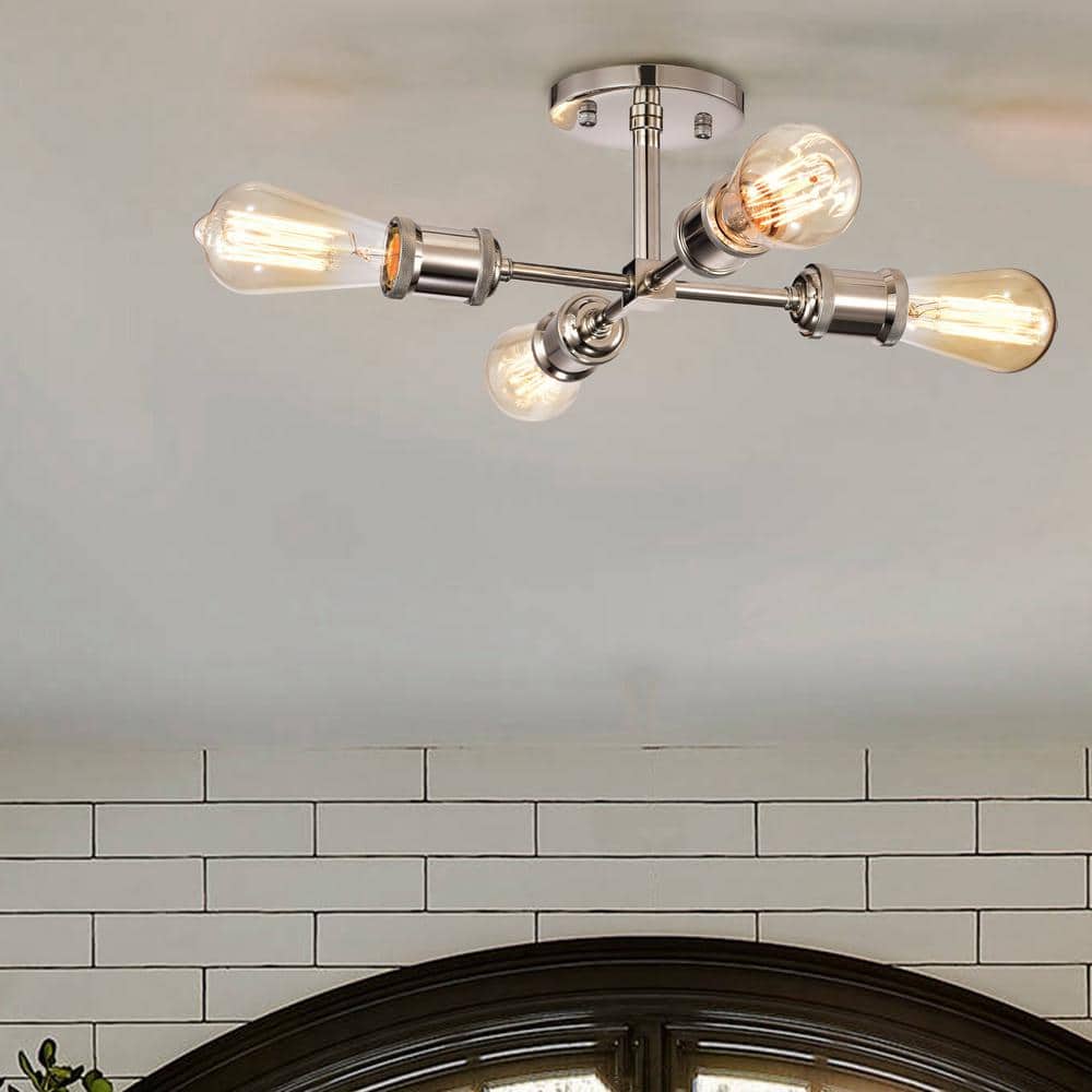 Mid-Century Modern Polished Nickel Sputnik 4-Light Semi-Flush Mount