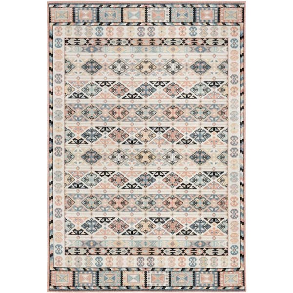 Nourison Washable Decor Ivory Multicolor 5 ft. x 7 ft. Distressed Contemporary Area Rug