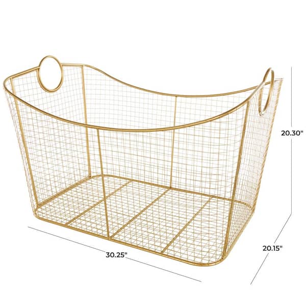 Litton Lane - Geometric Gold Metal Wire Grid Storage Basket with Curved Edges Ring Handles
