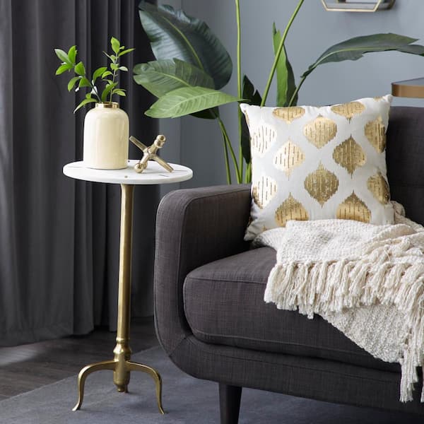 Litton Lane 15 in. Gold Large Round Marble End Accent Table with Marble Top with Gold Inlay