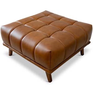 Allen Tan Mid-Century Tufted Tight Back Leather Upholstered Ottoman