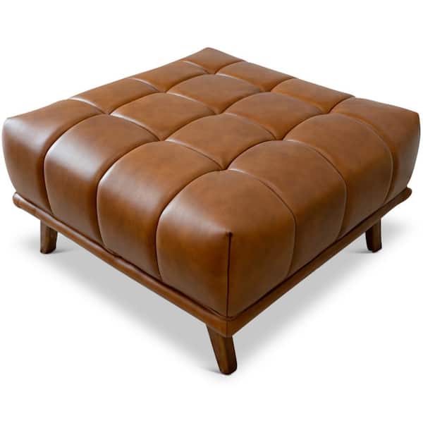 Ashcroft Furniture Co Allen Tan Mid-Century Tufted Tight Back Leather Upholstered Ottoman