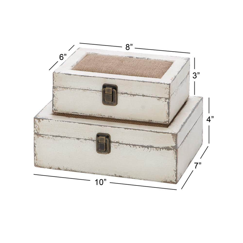 White and Burlap Rectangular Wood Lidded Box Set