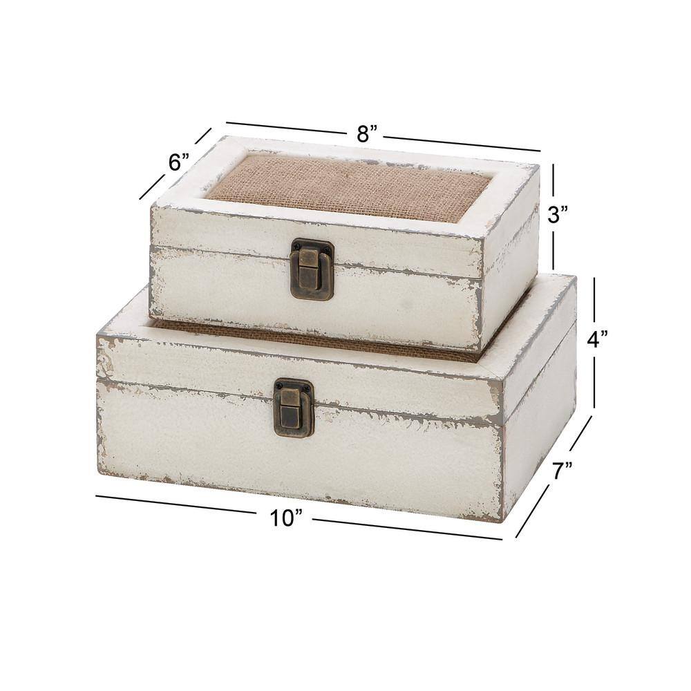 White and Burlap Rectangular Wood Lidded Box Set