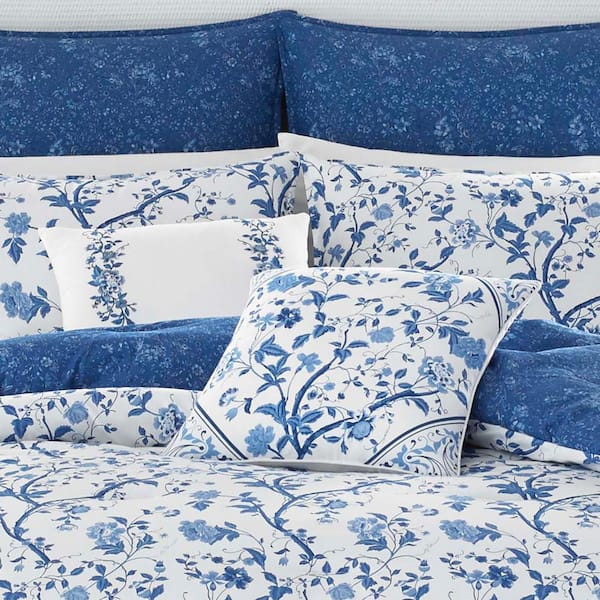 Laura Ashley Elise 7-Piece Navy Blue Floral Cotton Full/Queen Comforter Set  221645 - The Home Depot
