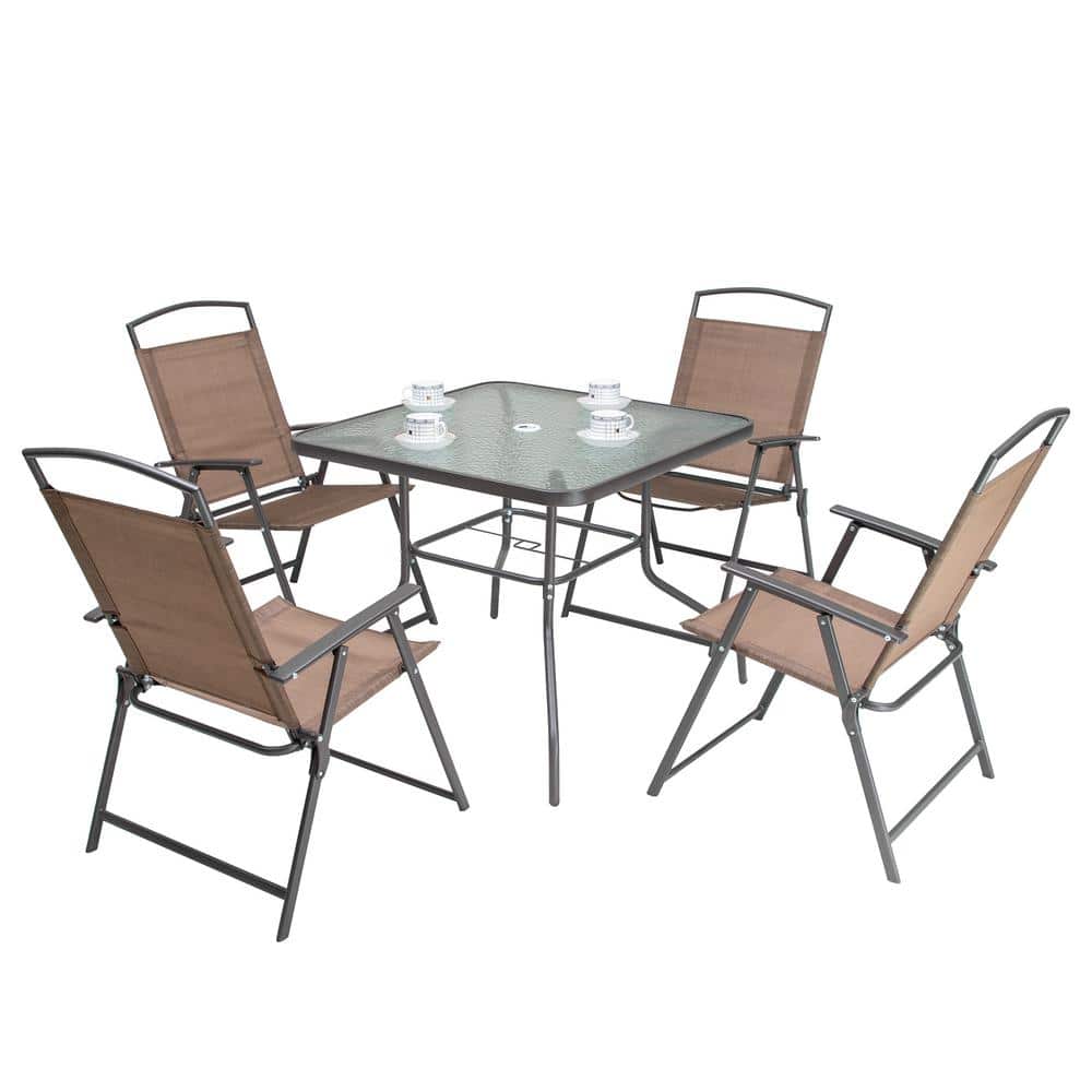 Brown Steel and Glass 5-Piece Patio Dining Set with Umbrella Hole
