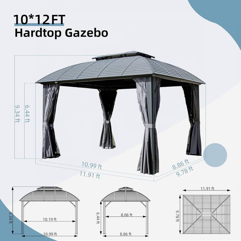 10' x 12' Black Aluminum Patio Gazebo with Curtains and Netting