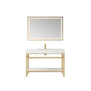 Funes 48 in. W x 22 in. D x 34 in. H Single Sink Bath Vanity in Brushed Gold with White Natural Stone Top and Mirror