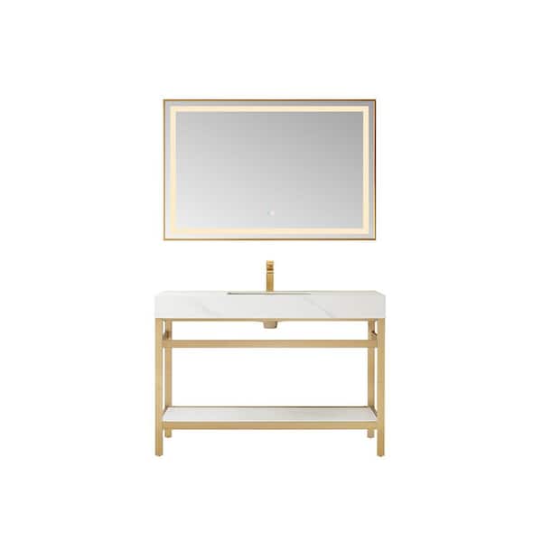ROSWELL Funes 48 in. W x 22 in. D x 34 in. H Single Sink Bath Vanity in Brushed Gold with White Natural Stone Top and Mirror