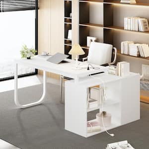 55.1 in. L-Shaped White Wood Computer Desk Workstation WITH USB interface, socket, Shelves, Drawers, Removable Tabletop