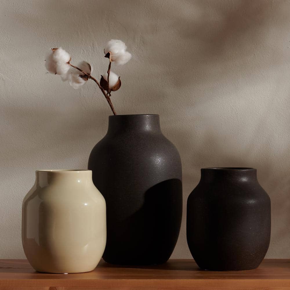 Charcoal & Beige Rustic Ceramic Vase Trio Set