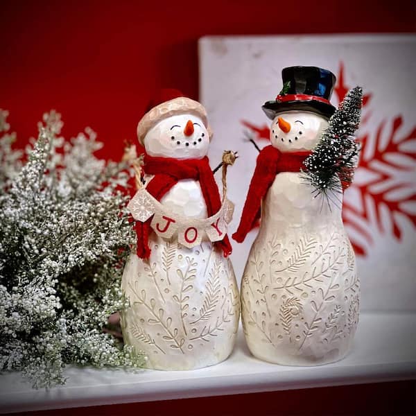 Set of 2 Resin and Metal Snowman Figurines with Pine outlets and Bow 14'' | XMas Decor | Christmas gift | Handmade Wooden Christmas