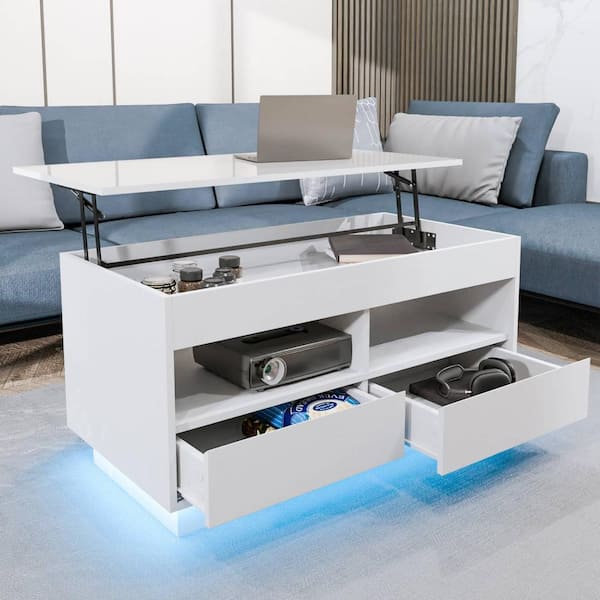 40.16 in. White Rectangle Particle Board Lift Top Coffee Table with RGB LED Light and Hidden Compartment