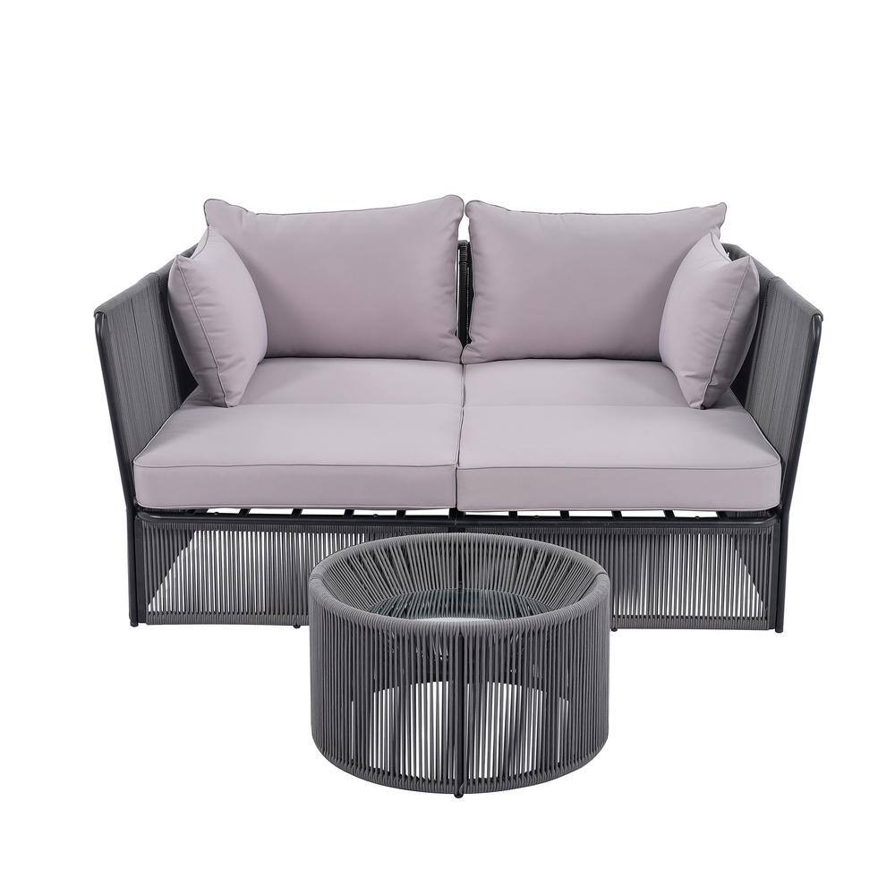 2-Pieces Metal Outdoor Day Bed, Dark Grey Rope Patio Double Chaise Lounger 