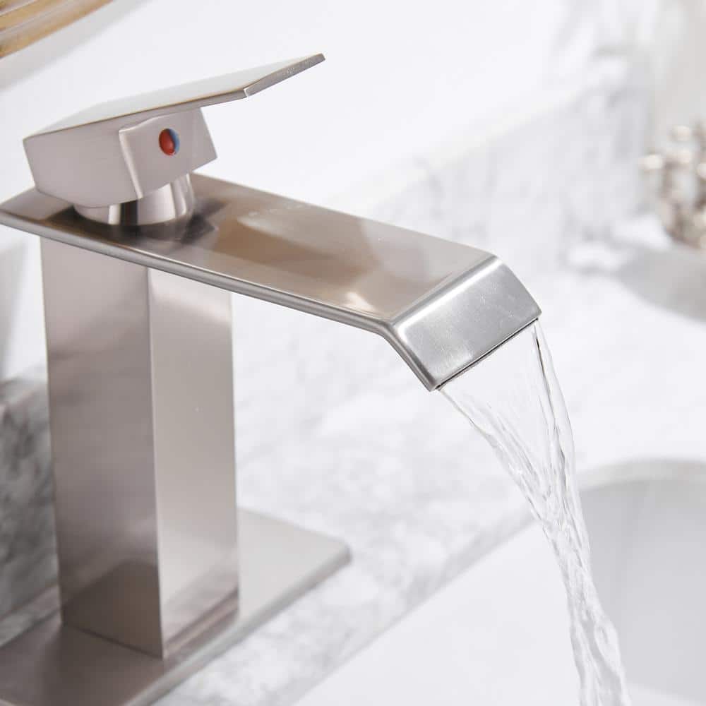 Brushed Nickel Single Handle Waterfall Bathroom Faucet with Pop Up Drain