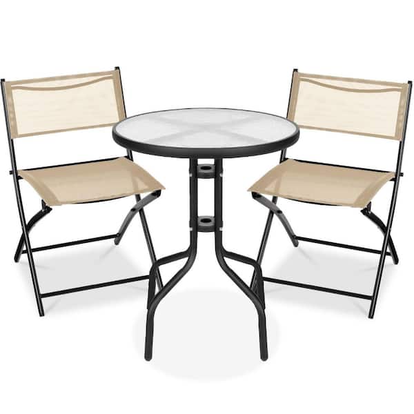 Best Choice Products Beige 3-Piece Outdoor Patio Bistro Set w/Textured Glass Table Top, Folding Chairs
