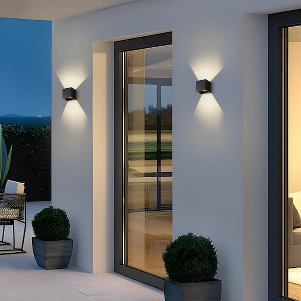 4 in. 2-Light Matte Black Aluminum Cube LED Outdoor Hardwired Wall Lantern Sconce with Adjustable Light Beam (2-Pack)