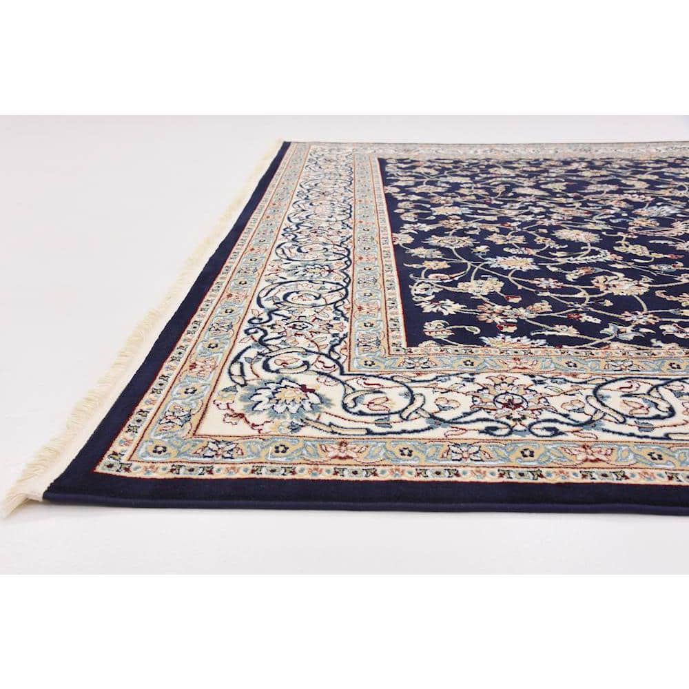 Navy Blue and Beige Floral Synthetic 8x10 Area Rug