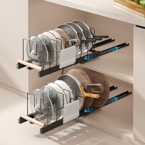 Black Expandable Pull Out Pots and Pans Organizer Under Cabinet with 10 Adjustable Dividers 2 Pack