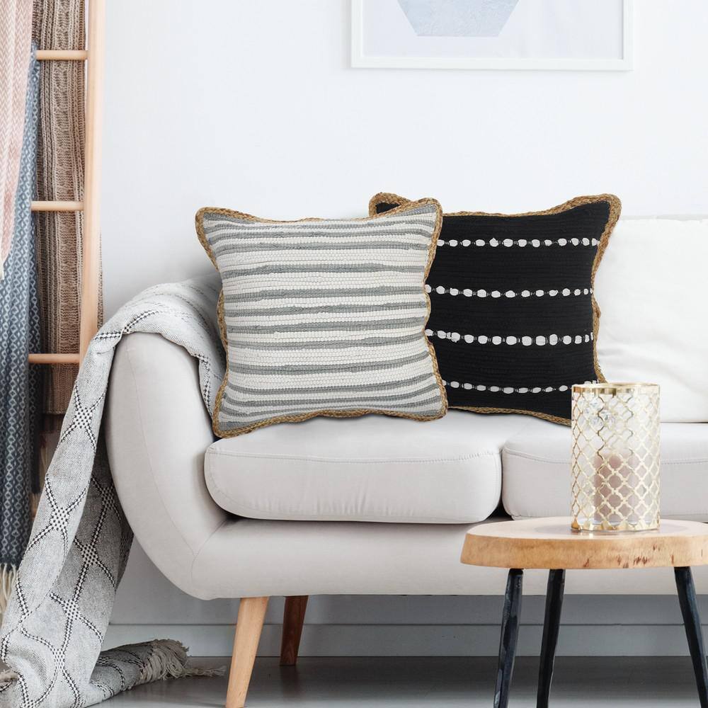Gray and White Striped Cotton Jute Square Throw Pillow