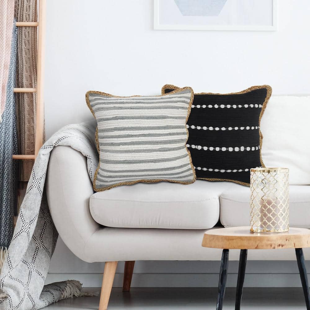 Gray and White Striped Cotton Jute Square Throw Pillow