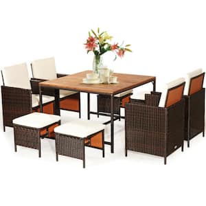 9-Piece Wicker Outdoor Dining Set Patio Rattan Chairs Set with White Cushions and Acacia Wood Tabletop