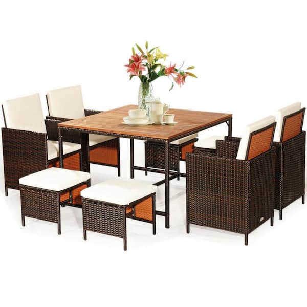 Clihome 9-Piece Wicker Outdoor Dining Set Patio Rattan Chairs Set with White Cushions and Acacia Wood Tabletop