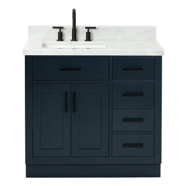 Hepburn 36 in. Single Sink Freestanding Bathroom Vanity in Midnight Blue with Carrara White Marble Top