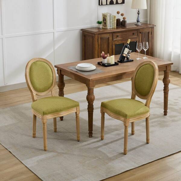 Olive Green French Style Antique Painting Linen Dining Chair with Nailhead Trim, Solid Wood Frame, Set of 2