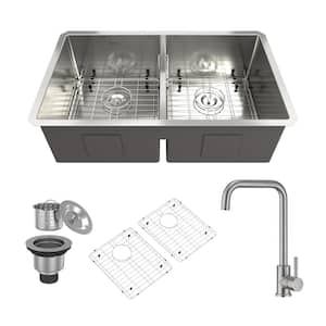 32 in. Drop-In/Undermount Double Bowls 18 Gauge Brushed Stainless Steel Kitchen Sink with Faucet and Accessories