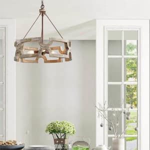 Farmhouse 3-Light Distressed Wood Chandelier Rustic Cage Candle Hight Ceiling Light for Entryway, Foyer