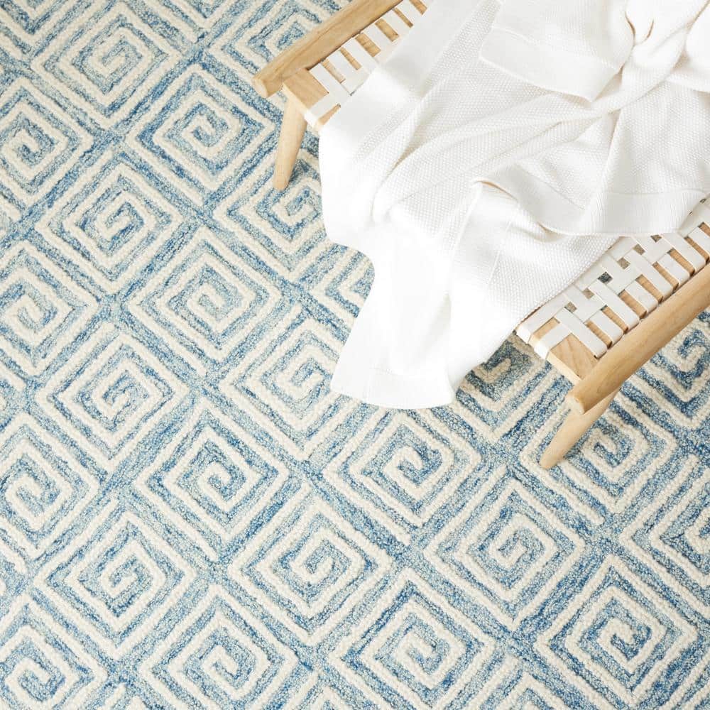 Light Blue and Ivory Geometric Wool Hand-Tufted Area Rug