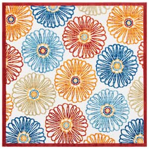 Cabana Cream/Red 4 ft. x 4 ft. Border Floral Indoor/Outdoor Patio  Square Area Rug