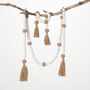 72 in. and 24 in. Tassel and Wood Bead Garland - Set of 2; White