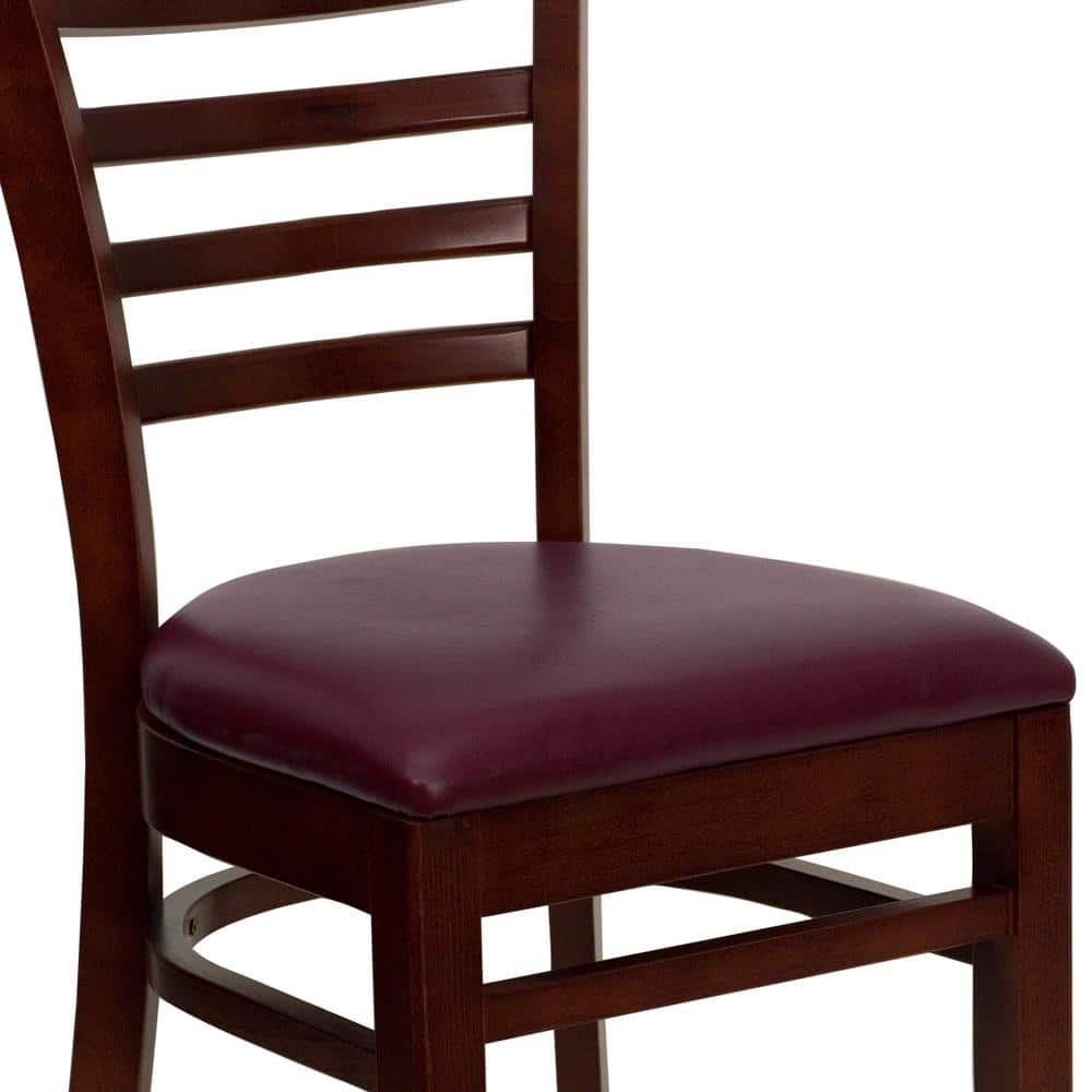 Elegant Mahogany Wood Ladderback Side Chair with Burgundy Vinyl Seat