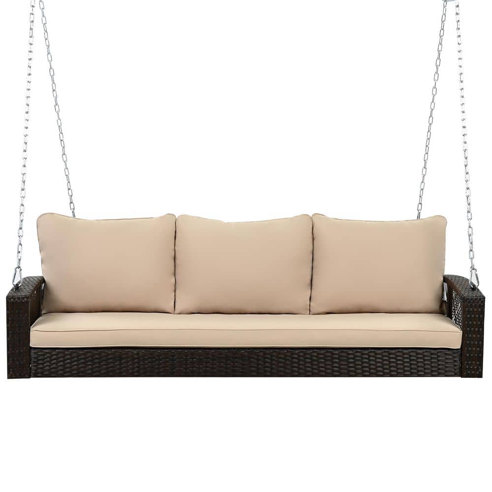 3-Person Wicker Porch Swing Bench with Brown Cushions
