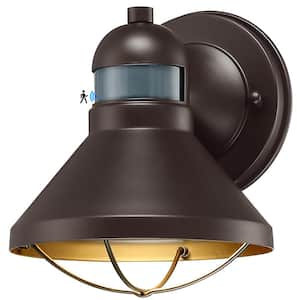 Upgraded 7.08 in. Brown Motion Sensing Dusk to Dawn Indoor/Outdoor Hardwired Barn Sconce with LED Included