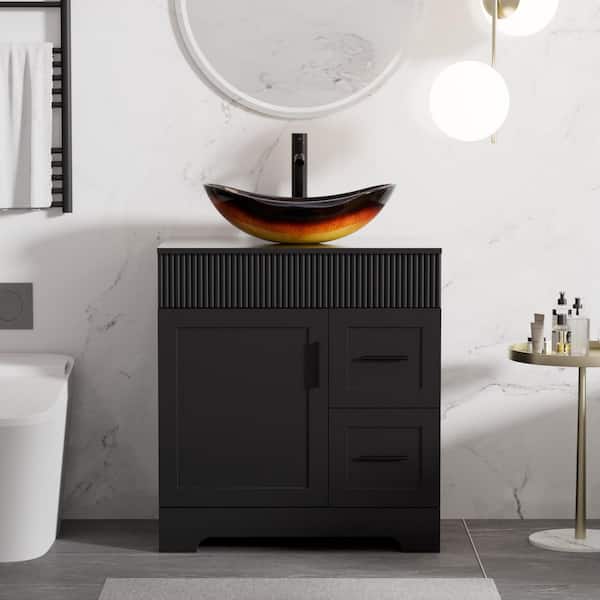30 in. W x 20 in. D x 32 in. H Single Sink Black Bath Vanity with Brown Oval Glass Vessel Sink Top