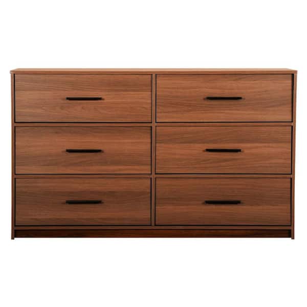 45" Walnut Fabric Wood and Steel Six Drawer Double Dresser