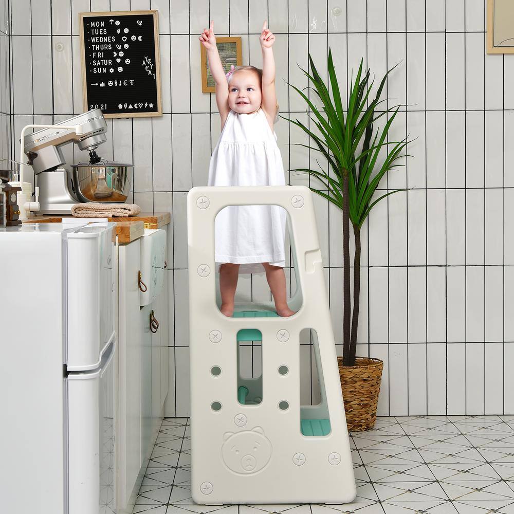 Green and White Toddler Kitchen Helper Step Stool with Safety Features