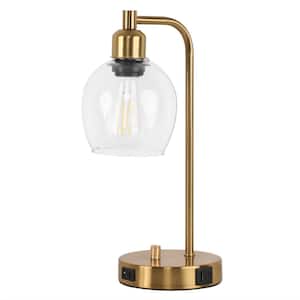 15 in. Industrial Gold Table Lamp with Glass Shade for Bedrooms Bedside Lamps with USB Port and Outlet (Bulb Included)
